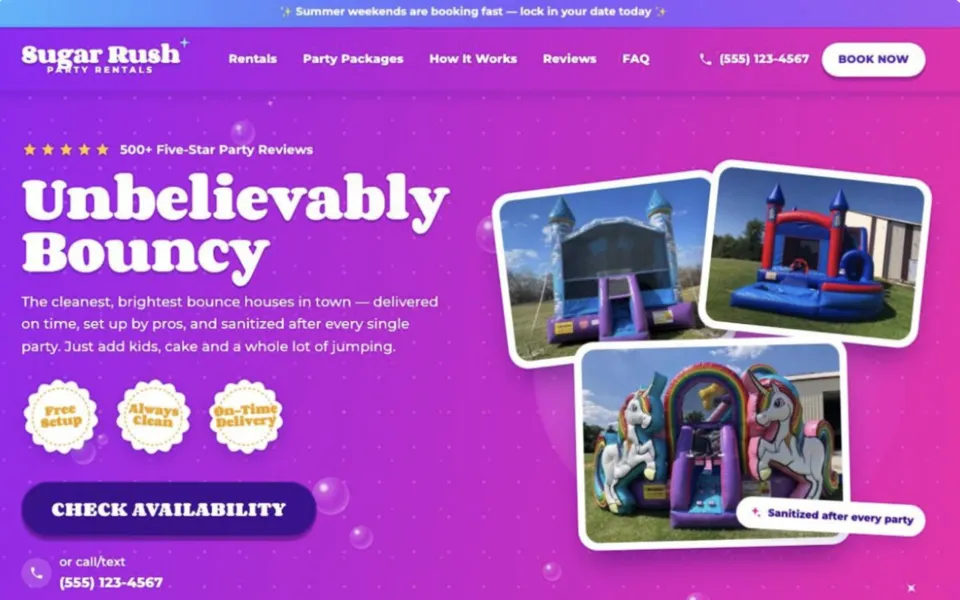 Sugar Rush Party Rentals: sample website design